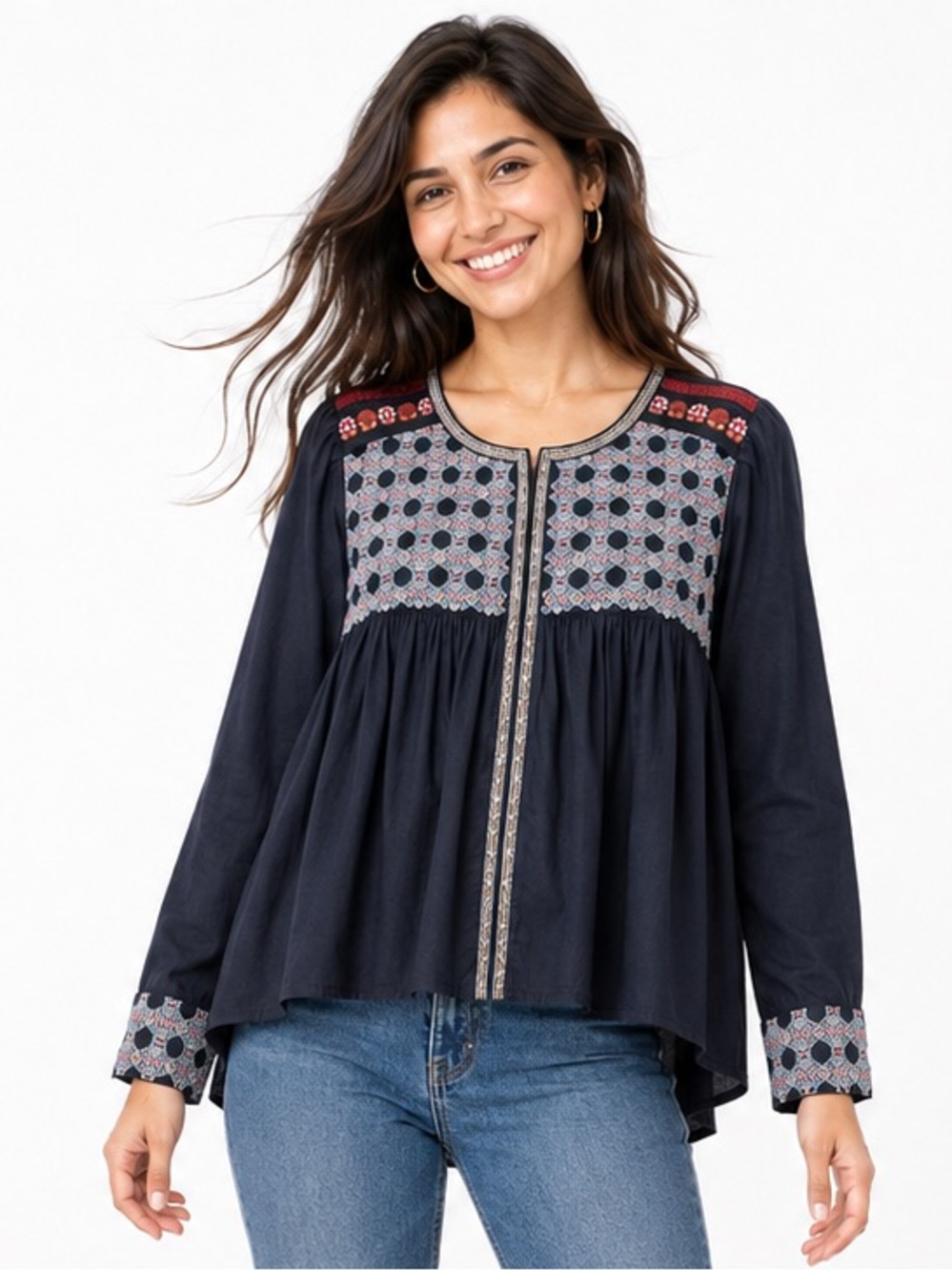 Ultra Pink Embroidered Boho High-Low Tunic Blouse Bohemian Navy Medium